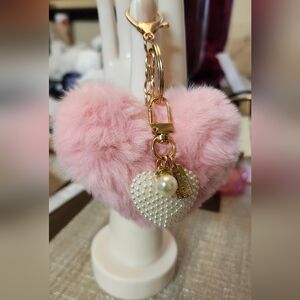 Artisanal Pink Furry Heart Keychain with Pearl Accent